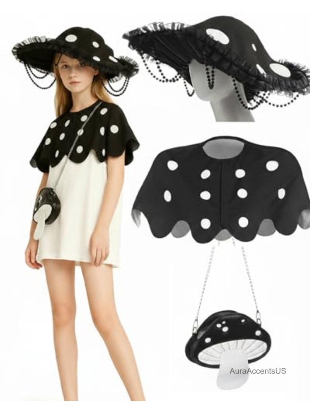 Mushroom Costume Set Women Cape Hat Shoulder Bag Halloween Cosplay
